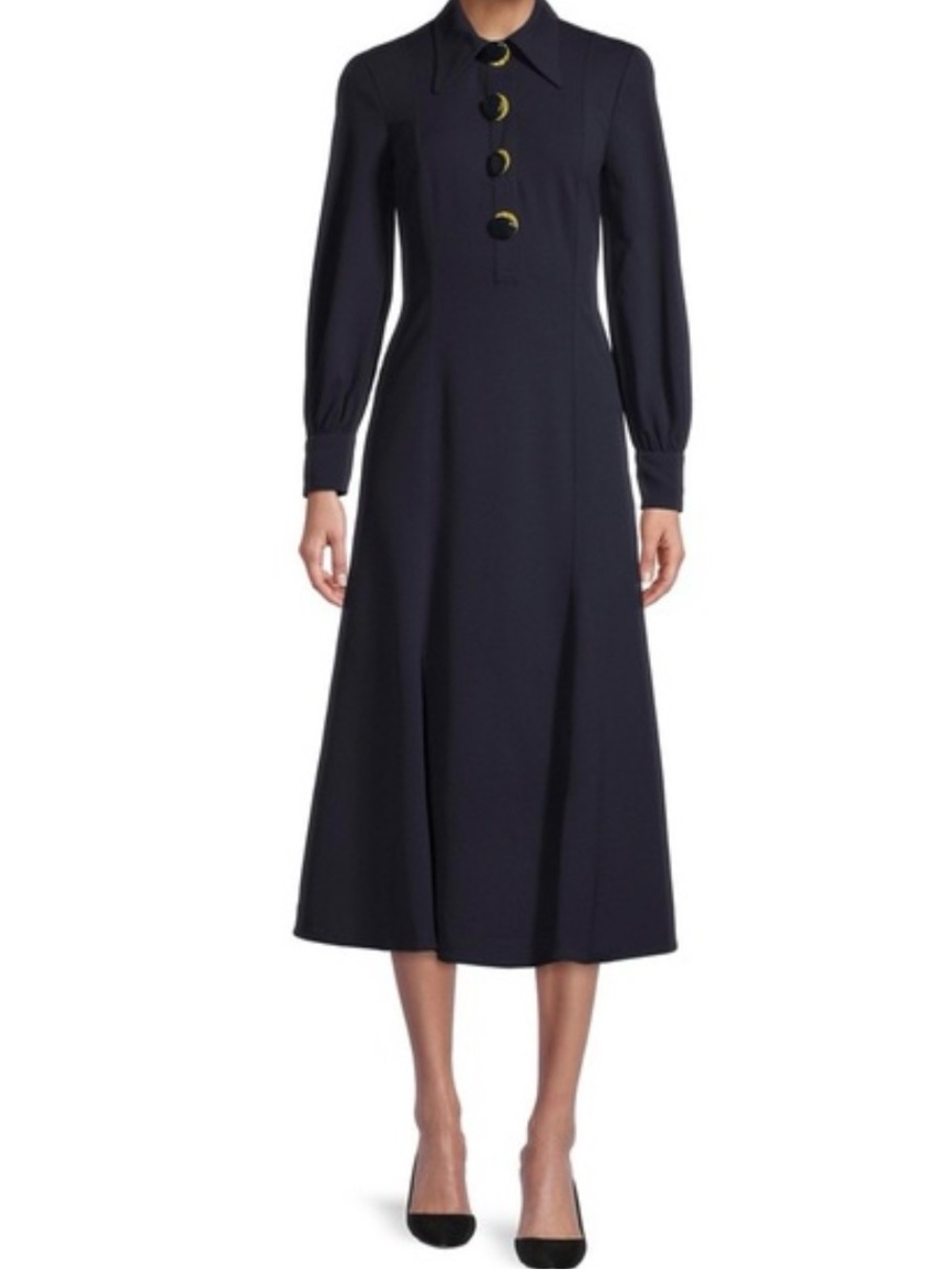 Tory Burch Navy Long Sleeve Midi Dress with Gold Buttons